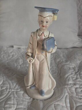 Ceramic Graduate Figurine – White, blue & Gold – 7” Graduation Decor